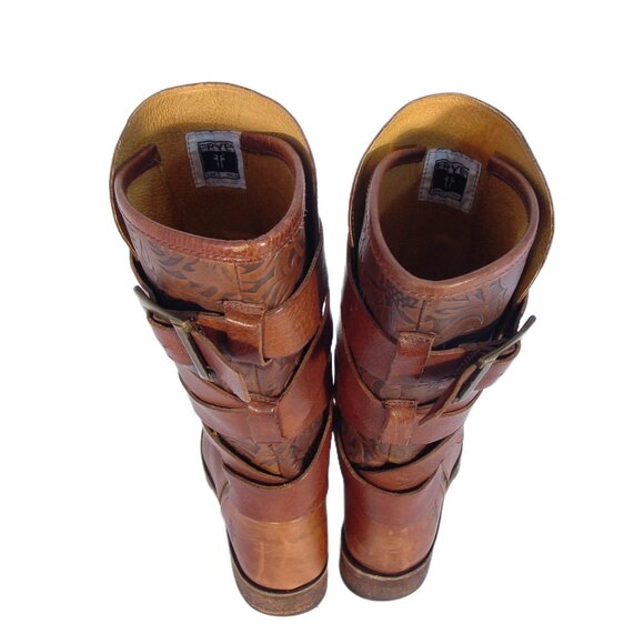 FRYE Veronica RARE Floral Hand-Tooled Embossed Leather Strappy Boots Women's 8 - Picture 7 of 13